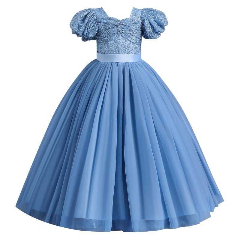 IDOPIP Flower Girl Sequin Lace-up Bowknot Dress for Kids Wedding Bridesmaid Pageant Party Formal Long Maxi Gown Big Little Princess First Communion Birthday Prom Puffy Tulle Dresses Blue 11-12 Years - Image 2