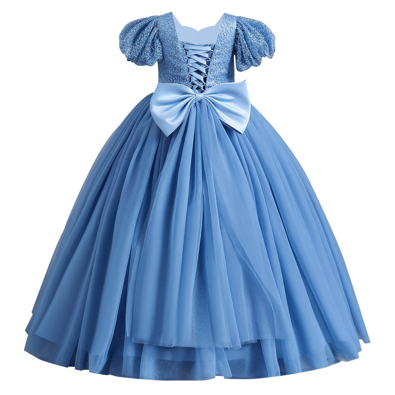 IDOPIP Flower Girl Sequin Lace-up Bowknot Dress for Kids Wedding Bridesmaid Pageant Party Formal Long Maxi Gown Big Little Princess First Communion Birthday Prom Puffy Tulle Dresses Blue 11-12 Years - Image 1