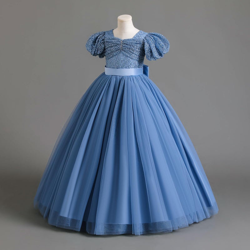 IDOPIP Flower Girl Sequin Lace-up Bowknot Dress for Kids Wedding Bridesmaid Pageant Party Formal Long Maxi Gown Big Little Princess First Communion Birthday Prom Puffy Tulle Dresses Blue 11-12 Years - Image 4