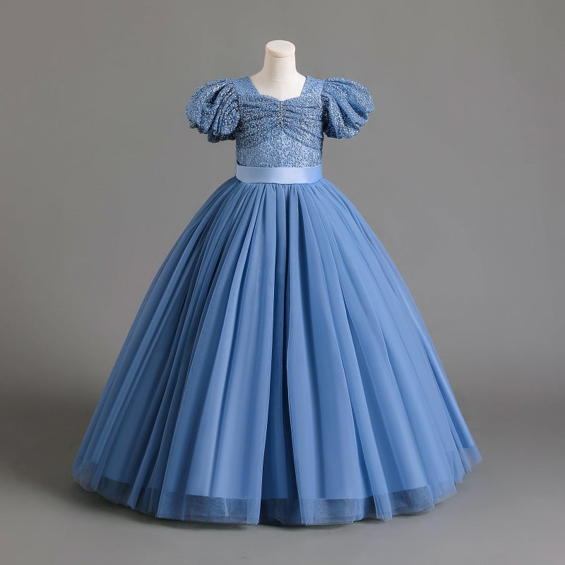 IDOPIP Flower Girl Sequin Lace-up Bowknot Dress for Kids Wedding Bridesmaid Pageant Party Formal Long Maxi Gown Big Little Princess First Communion Birthday Prom Puffy Tulle Dresses Blue 11-12 Years - Image 3