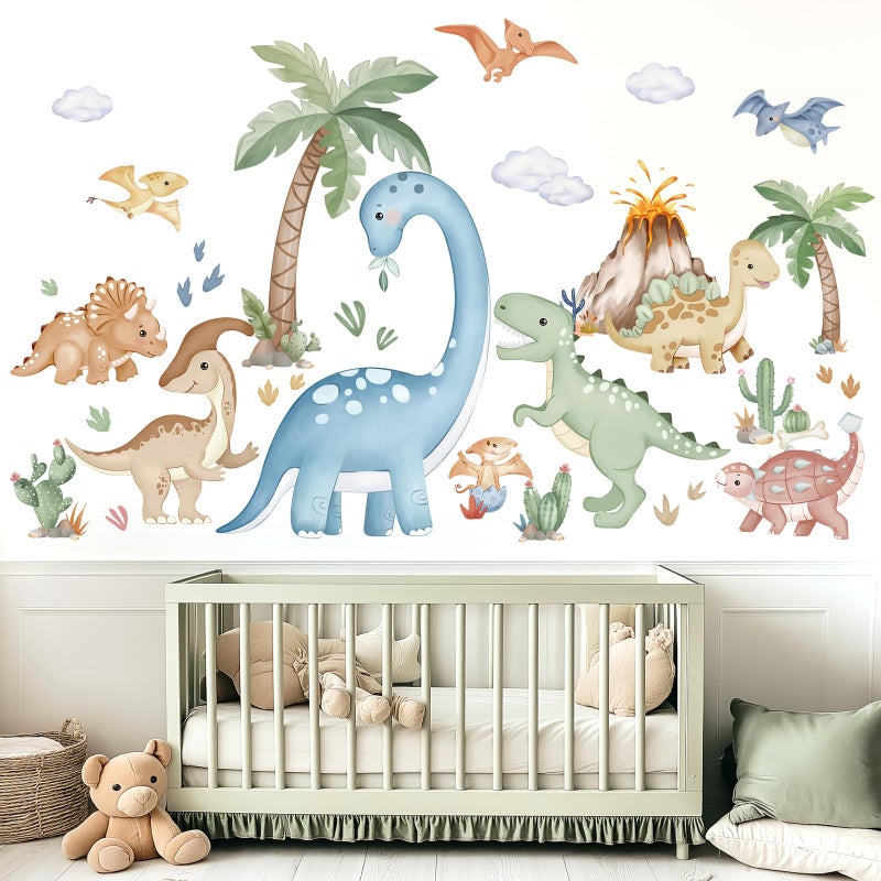 wondever Large Boho Dinosaur Wall Stickers Watercolor Dino Tropical Plants Volcano Peel and Stick Wall Art Decals for Baby Nursery Kids Bedroom Playroom - Image 1
