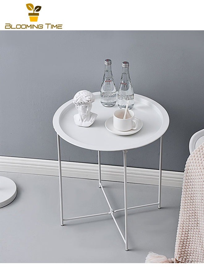 بلومنغ تايم طاولة قهوة صغيرة أريكة طاولة جانبية الإبداعية البسيطة البسيطة طاولة مستديرة صغيرة المنزلية صينية الجدول طوي طاولة جانبية ، الأبيض - Image 2