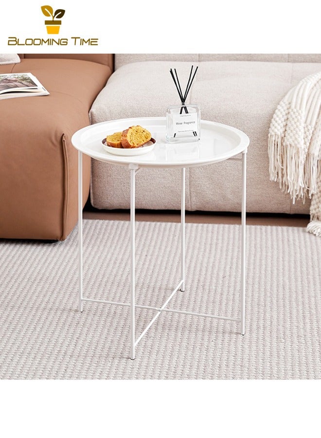 بلومنغ تايم طاولة قهوة صغيرة أريكة طاولة جانبية الإبداعية البسيطة البسيطة طاولة مستديرة صغيرة المنزلية صينية الجدول طوي طاولة جانبية ، الأبيض - Image 1