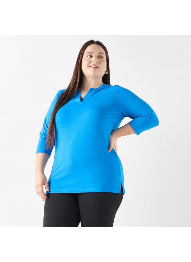 Ulla Popken Plus Size Ulla Popken Solid V-neck 3/4 Sleeves T-shirt  - Image 1