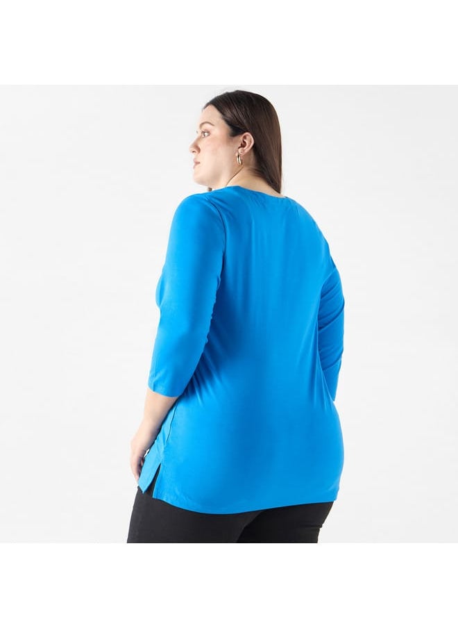 Ulla Popken Plus Size Ulla Popken Solid V-neck 3/4 Sleeves T-shirt  - Image 3