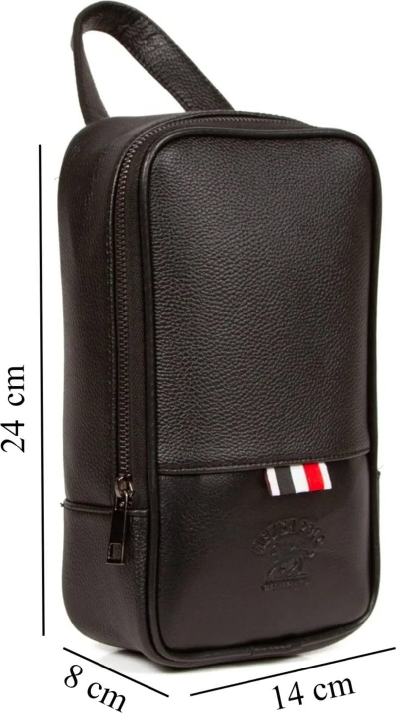 Adelina Bags Men's Black Leather Shaving Travel Cosmetic Portfolio Hand Bag