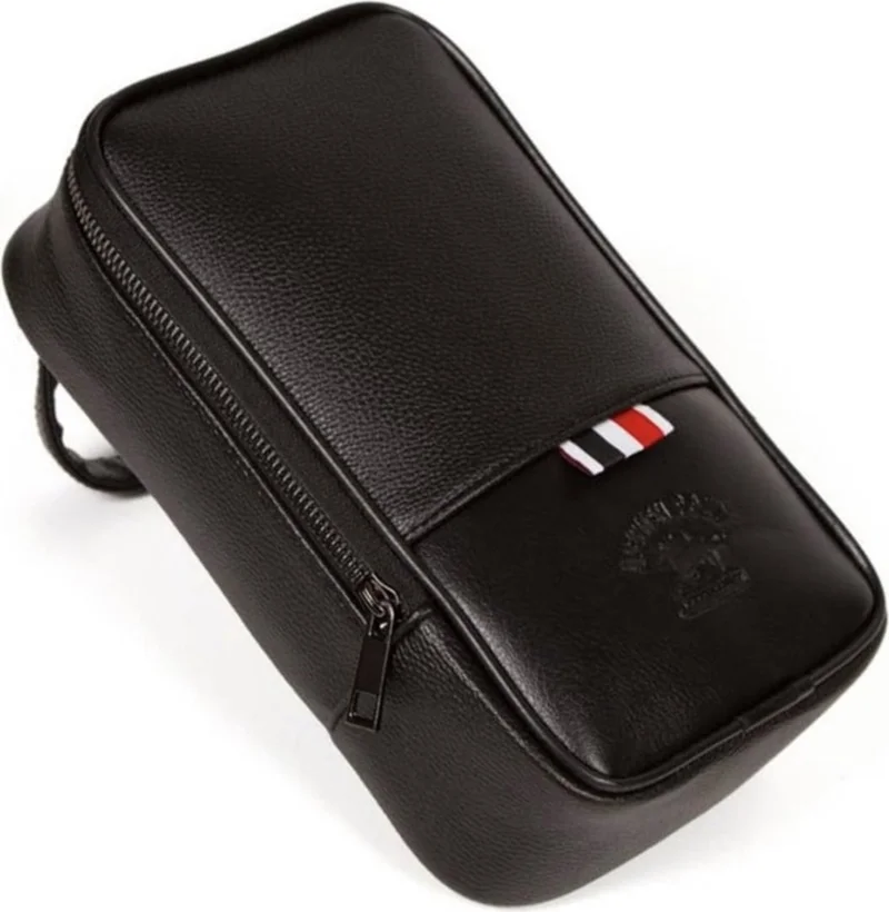 Adelina Bags Men's Black Leather Shaving Travel Cosmetic Portfolio Hand Bag
