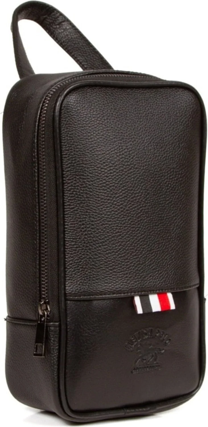 Adelina Bags Men's Black Leather Shaving Travel Cosmetic Portfolio Hand Bag