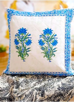 OJARIYA Hand Block Printed Blue Lotus Quilted Cotton Cushion Cover 65 Cm X 65 Cm  - Image 2