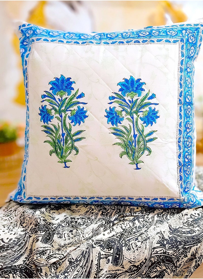 OJARIYA Hand Block Printed Blue Lotus Quilted Cotton Cushion Cover 65 Cm X 65 Cm  - Image 2