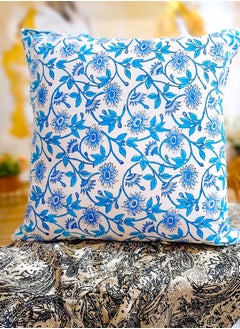 OJARIYA Hand Block Printed Blue Lotus Quilted Cotton Cushion Cover 65 Cm X 65 Cm  - Image 1