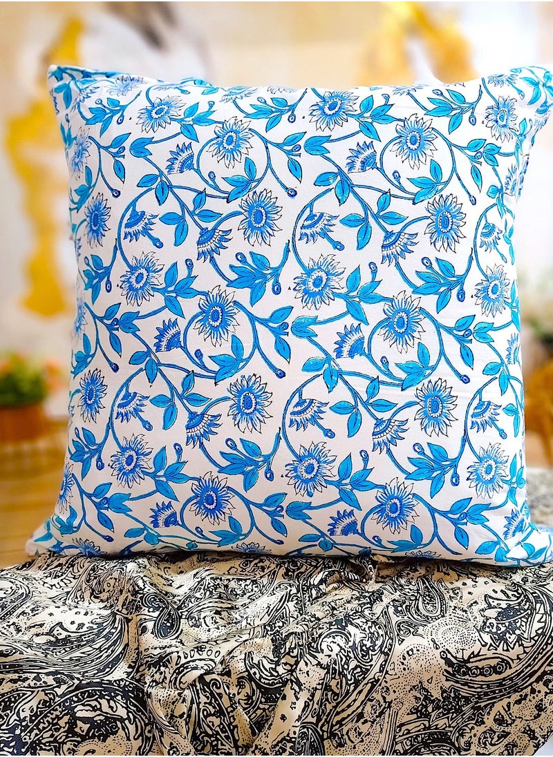 OJARIYA Hand Block Printed Blue Lotus Quilted Cotton Cushion Cover 65 Cm X 65 Cm  - Image 1
