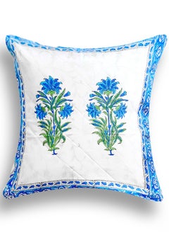OJARIYA Hand Block Printed Blue Lotus Quilted Cotton Cushion Cover 65 Cm X 65 Cm  - Image 3
