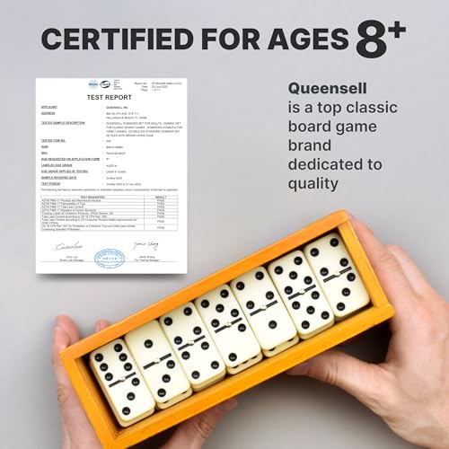 Queensell طقم دومينو كوينسيل للبالغين - دومينو - ألعاب لوحية كلاسيكية، دومينو مزدوج 6 لألعاب العائلة للأطفال والبالغين - طقم دومينو قياسي مزدوج 6 يحتوي على 28 بلاطة مع علبة خشبية، ألعاب الطاولة - Image 5
