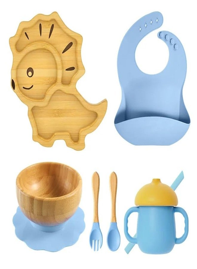MyneeMoe Bamboo Baby Feeding Set with Leo Suction Plate, Bowl, Spoon, Fork, Silicone Bib & Training Cup | 6-Piece Baby Led Weaning Set | BPA Free & Food Safe (Blue) - Image 1