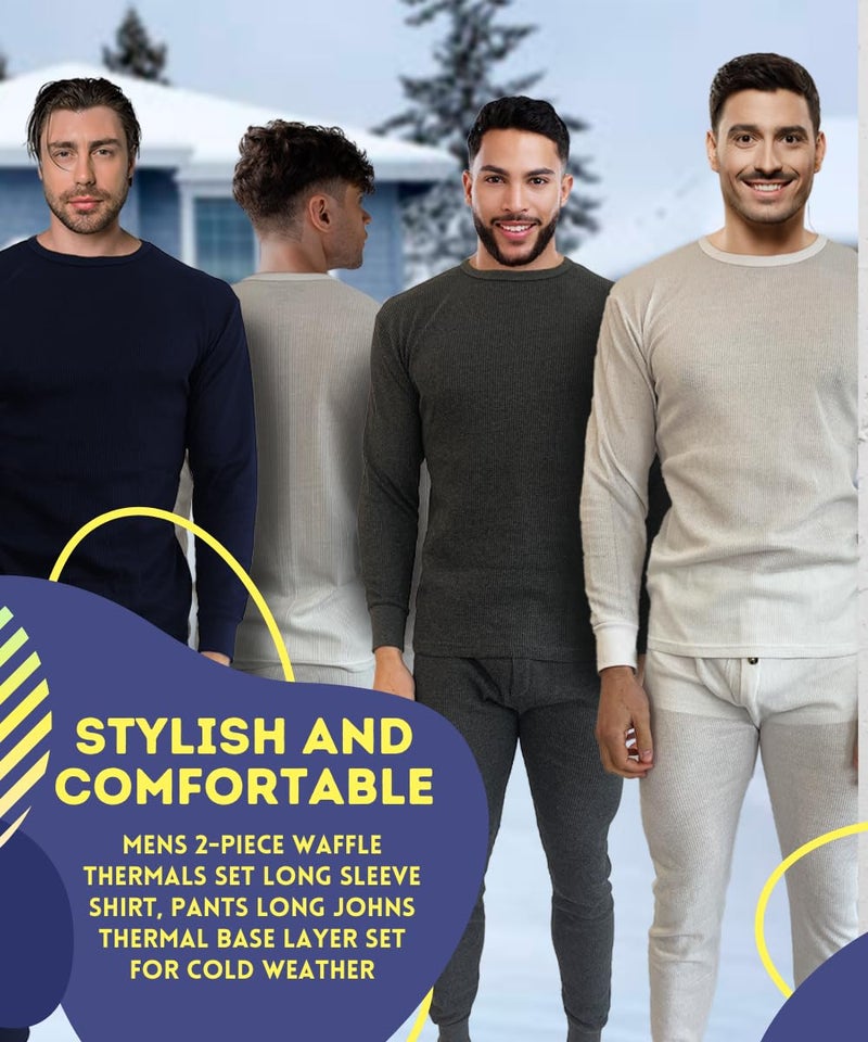 BROOKLYN VERTICAL Mens 2-Piece Waffle Thermals Set | Long Sleeve Shirt, Pants | Long Johns Waffle Thermal Underwear Base Layer Set for Cold Weather (White, Large) - Image 2
