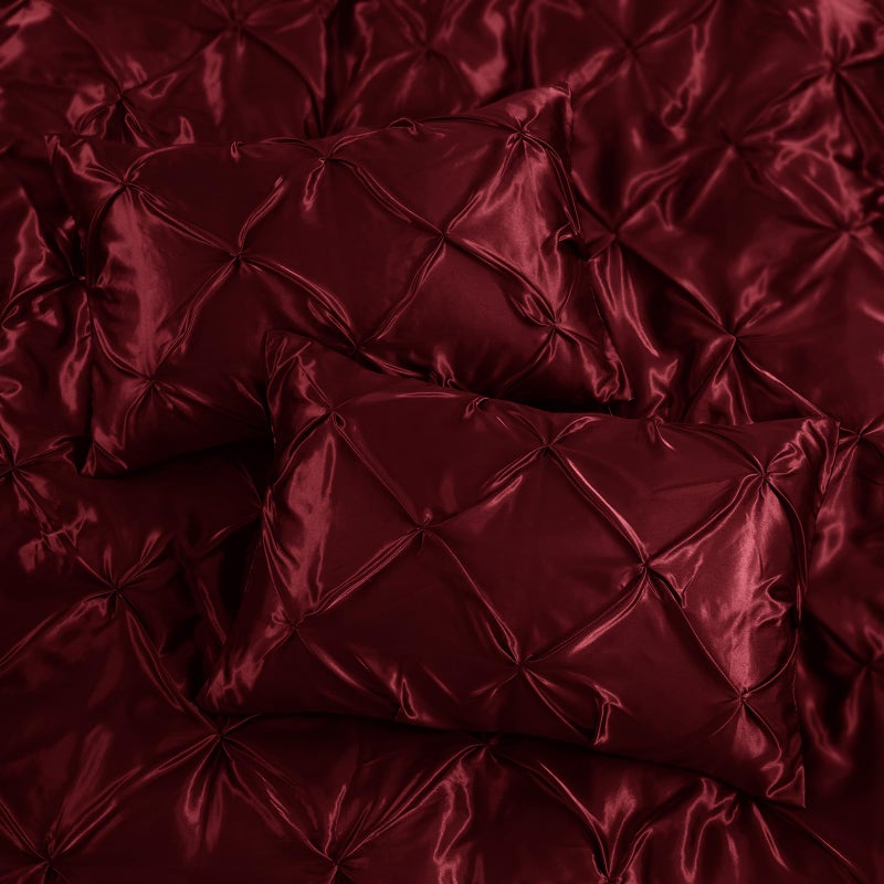 P Pothuiny 5 Pieces Satin Pintuck Duvet Cover Set, Silky Like Burgundy Pinch Pleat Duvet Cover King Size Luxury Bedding Set with Corner Ties, 2 Pillow Shams + 2 Pillowcases (No Comforter) - Image 4