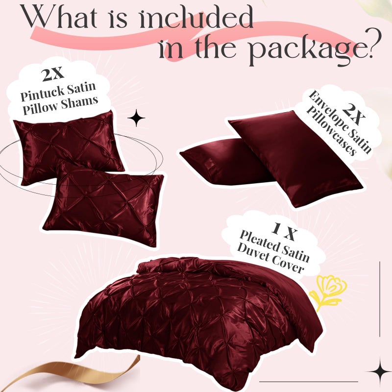 P Pothuiny 5 Pieces Satin Pintuck Duvet Cover Set, Silky Like Burgundy Pinch Pleat Duvet Cover King Size Luxury Bedding Set with Corner Ties, 2 Pillow Shams + 2 Pillowcases (No Comforter) - Image 5
