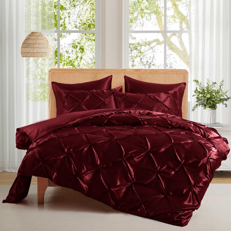 P Pothuiny 5 Pieces Satin Pintuck Duvet Cover Set, Silky Like Burgundy Pinch Pleat Duvet Cover King Size Luxury Bedding Set with Corner Ties, 2 Pillow Shams + 2 Pillowcases (No Comforter) - Image 3