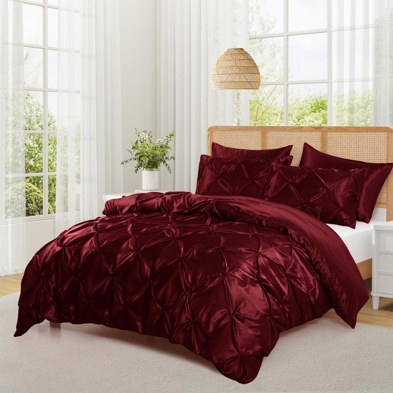 P Pothuiny 5 Pieces Satin Pintuck Duvet Cover Set, Silky Like Burgundy Pinch Pleat Duvet Cover King Size Luxury Bedding Set with Corner Ties, 2 Pillow Shams + 2 Pillowcases (No Comforter) - Image 2