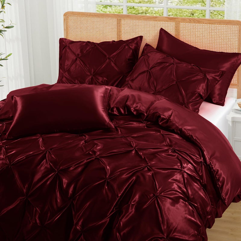 P Pothuiny 5 Pieces Satin Pintuck Duvet Cover Set, Silky Like Burgundy Pinch Pleat Duvet Cover King Size Luxury Bedding Set with Corner Ties, 2 Pillow Shams + 2 Pillowcases (No Comforter) - Image 1