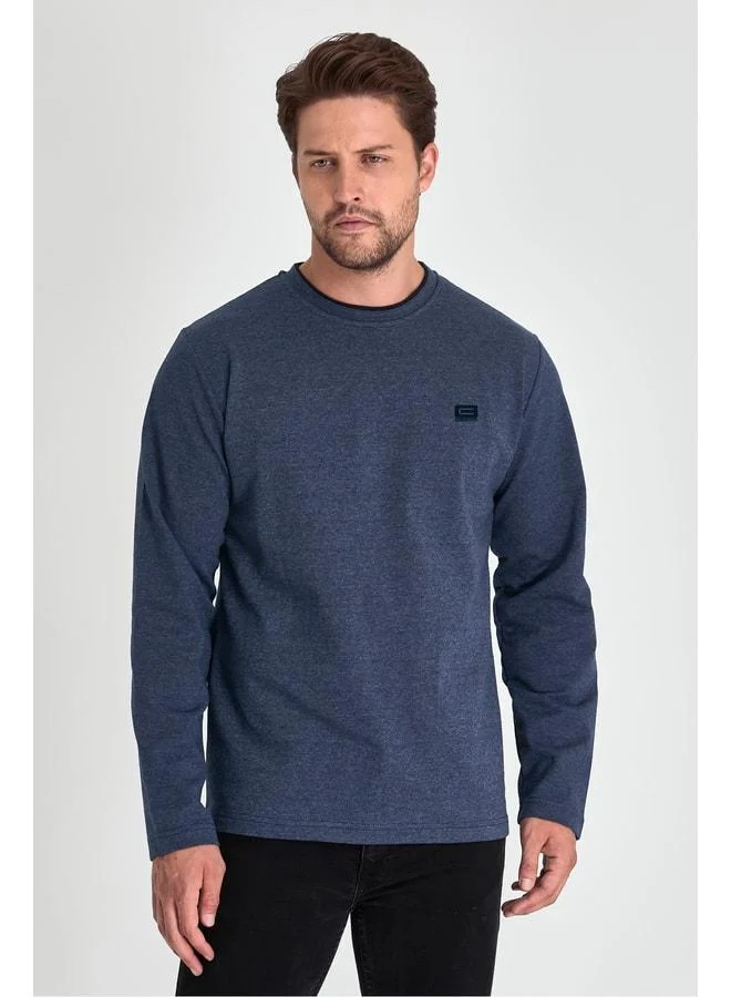 mmetalic Men's Navy Blue Double-Layered Crew Neck Sweatshirt with Detailed Print, Standard Relaxed Fit