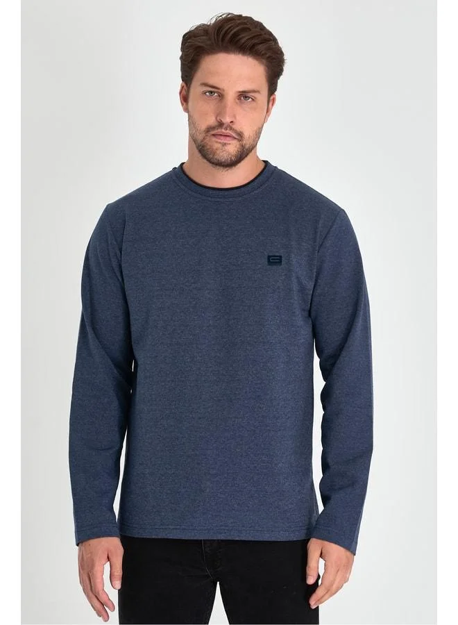 mmetalic Men's Navy Blue Double-Layered Crew Neck Sweatshirt with Detailed Print, Standard Relaxed Fit