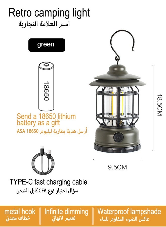 ماركة غير محددة مصباح تخييم، مصباح تخييم محمول USB قابل لإعادة الشحن، مصباح تخييم معلق مقاوم للماء IPX4، باهت بدون خطوات، سطوع COB معدني قابل للتعديل، باهت بدون خطوات، لصيد الأسماك في الهواء الطلق، والمشي لمسافات طويلة، والمشي لمسافات طويلة أو التصوير الفوتوغرافي للتخييم، مصباح خيمة ليلي. (أخضر)  - Image 2