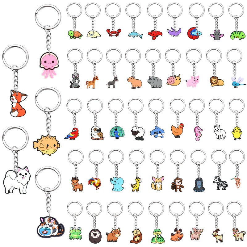 Ibuclein 50Pcs Cute Animals Keychains Bulk,DIY Cute Keychain Charms,Backpack Charms for Girls,Backpack Keychains Include Cat and Dog ect,PVC Key Ring,Prize Box for Classroom and Party Favors gifts - Image 1