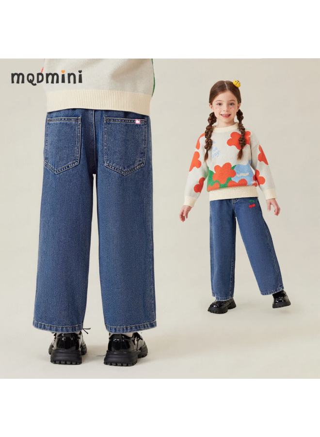 Mqdmini Girls' Denim Jeans Children's Straight-leg Loose Fit Casual Outdoor Pants Cherry Girl - Image 1