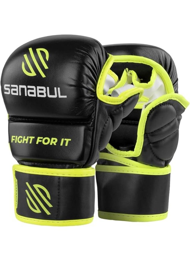 Sanabul  Essential MMA Gloves – 7 oz Black/Green (Small/Medium) | Hybrid Sparring & Training Gloves for Men & Women | Kickboxing & Grappling Martial Arts Gloves  - Image 1