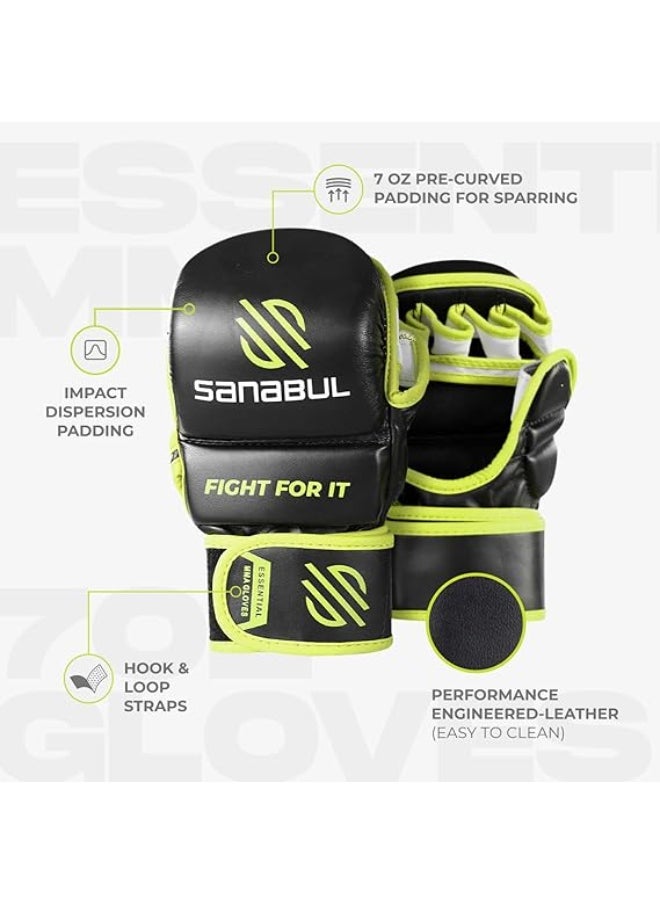 Sanabul  Essential MMA Gloves – 7 oz Black/Green (Small/Medium) | Hybrid Sparring & Training Gloves for Men & Women | Kickboxing & Grappling Martial Arts Gloves  - Image 3