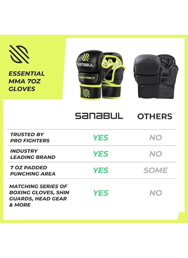 Sanabul  Essential MMA Gloves – 7 oz Black/Green (Small/Medium) | Hybrid Sparring & Training Gloves for Men & Women | Kickboxing & Grappling Martial Arts Gloves  - Image 4