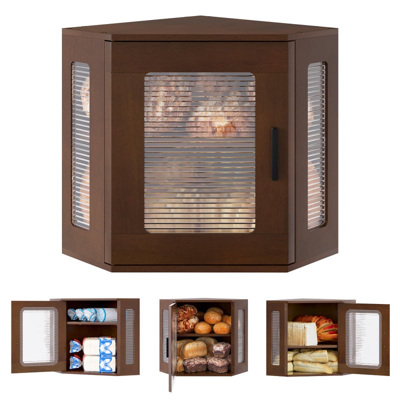 TQVAI Bread Box for Kitchen Countertop Large Corner Bread Loaf Storage Container Double Layer Wooden Bread Boxes Bin Farmhouse Pantry Shelf with Acrylic Window, Retro Brown - Image 1