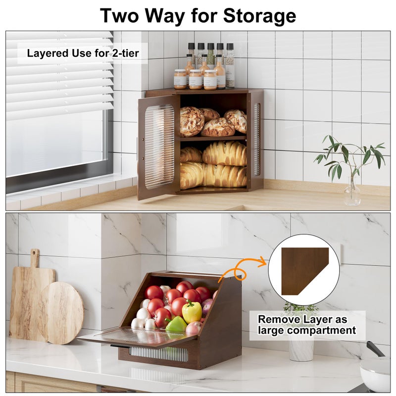 TQVAI Bread Box for Kitchen Countertop Large Corner Bread Loaf Storage Container Double Layer Wooden Bread Boxes Bin Farmhouse Pantry Shelf with Acrylic Window, Retro Brown - Image 5