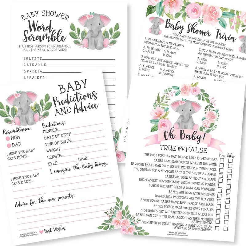Hadley Designs Baby Shower Games for Girls  50 DoubleSided Cards for 25 Guests 4 Fun Games Baby Predictions Trivia True or False Word Scramble Pink Elephant