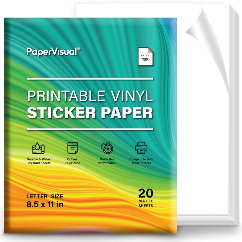 PAPERVISUAL Printable Permanent Vinyl Paper - 20 Sticker Sheets For Printer - Matte White Waterproof Sticker Paper - Thick Tear-Resistant Sticker Printer Paper - Laser, Inkjet Printable Sticker Paper - Image 2