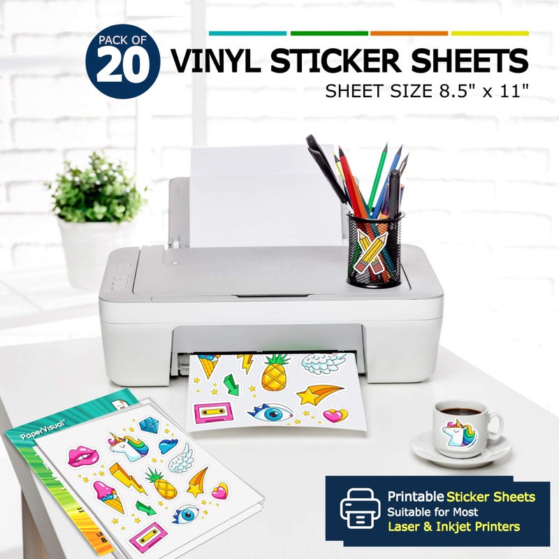 PAPERVISUAL Printable Permanent Vinyl Paper - 20 Sticker Sheets For Printer - Matte White Waterproof Sticker Paper - Thick Tear-Resistant Sticker Printer Paper - Laser, Inkjet Printable Sticker Paper - Image 5