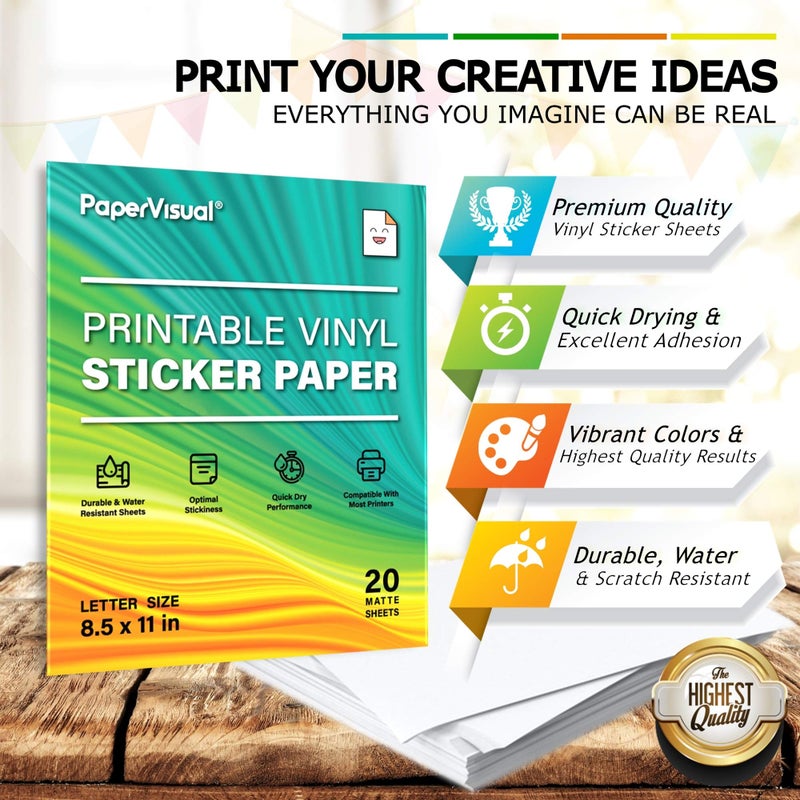 PAPERVISUAL Printable Permanent Vinyl Paper - 20 Sticker Sheets For Printer - Matte White Waterproof Sticker Paper - Thick Tear-Resistant Sticker Printer Paper - Laser, Inkjet Printable Sticker Paper - Image 4