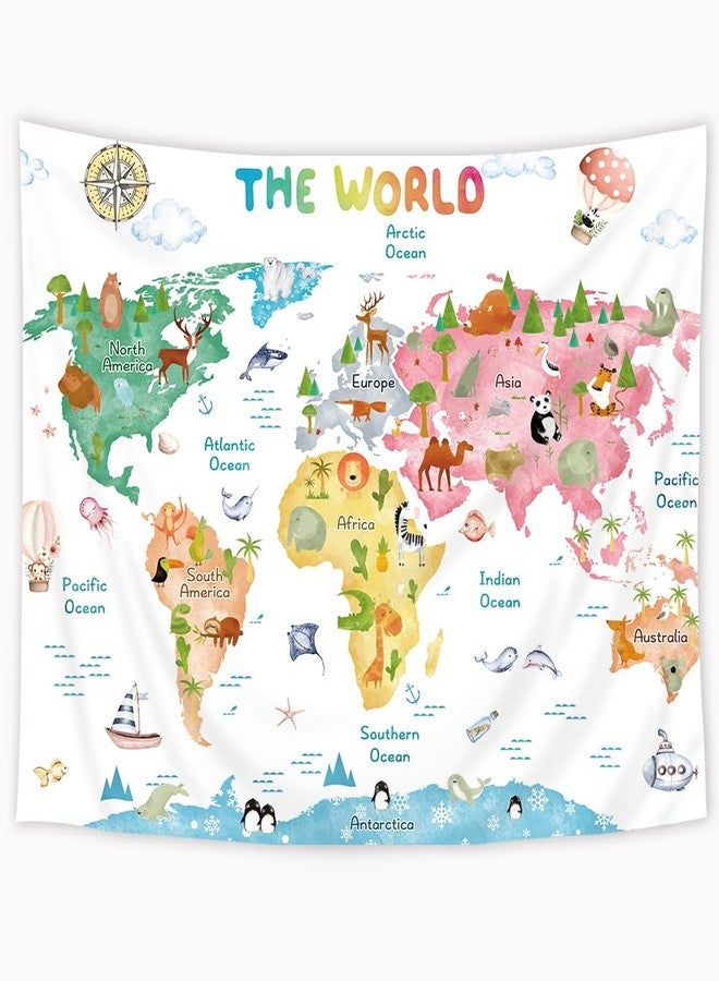 Riyidecor Kids Map Tapestry 59Wx51H Inch World Cartoon Animal Cute Educational Geography Learning Tools Colorful Continents Wildlife Wall Hanging for Boys Girls Home Dorm Decor Art Living Room Bedroom - Image 2