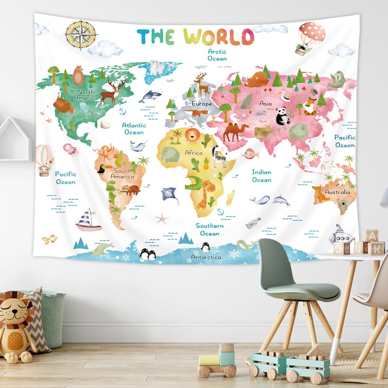 Riyidecor Kids Map Tapestry 59Wx51H Inch World Cartoon Animal Cute Educational Geography Learning Tools Colorful Continents Wildlife Wall Hanging for Boys Girls Home Dorm Decor Art Living Room Bedroom - Image 1