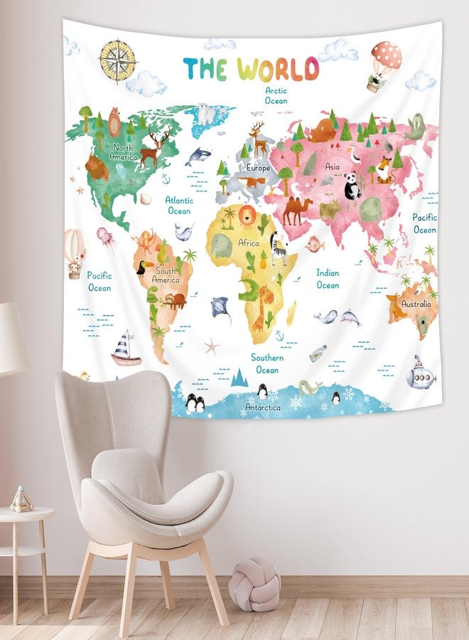 Riyidecor Kids Map Tapestry 59Wx51H Inch World Cartoon Animal Cute Educational Geography Learning Tools Colorful Continents Wildlife Wall Hanging for Boys Girls Home Dorm Decor Art Living Room Bedroom - Image 3