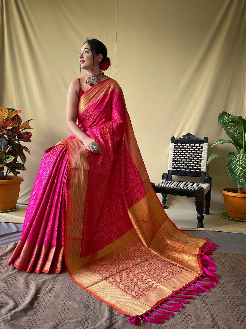 SGF11 Women's Kanjivaram Patola Pure Soft Silk Saree For Womens With Unstitched Blouse Piece (Pink) - Image 3