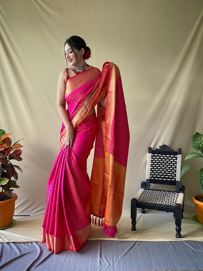 SGF11 Women's Kanjivaram Patola Pure Soft Silk Saree For Womens With Unstitched Blouse Piece (Pink) - Image 2
