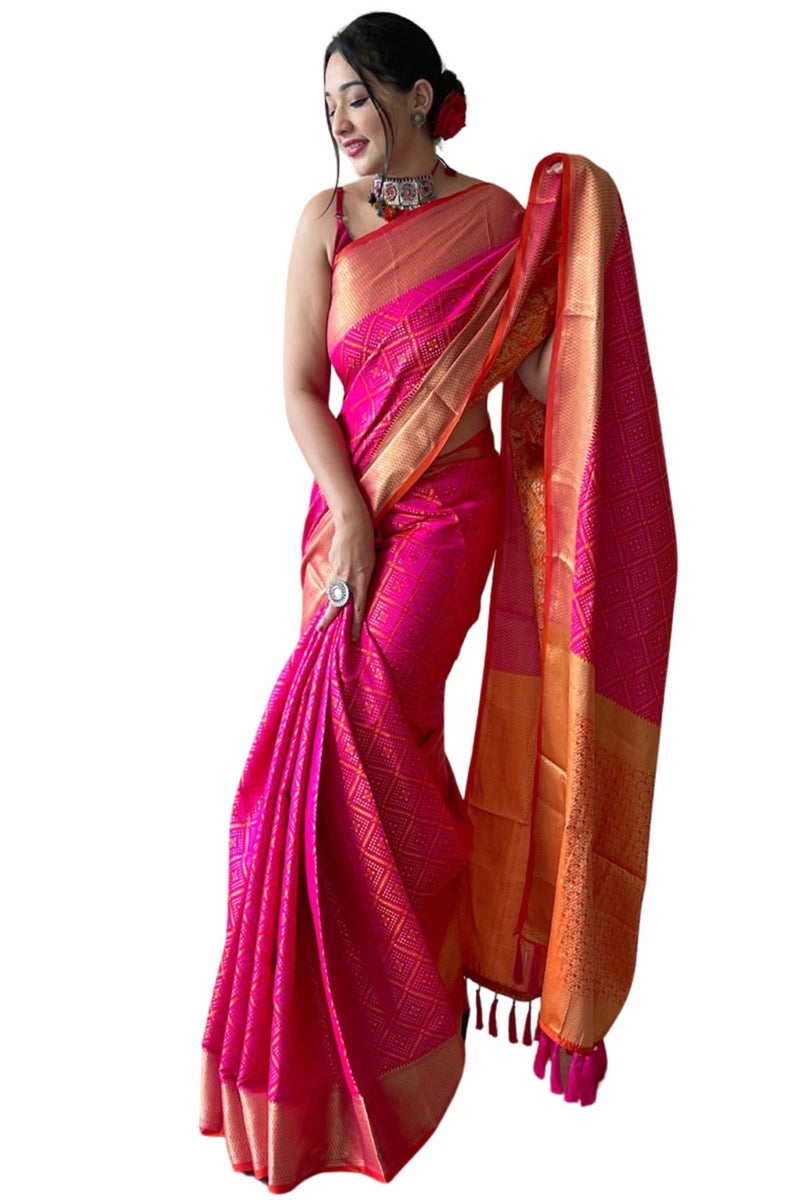 SGF11 Women's Kanjivaram Patola Pure Soft Silk Saree For Womens With Unstitched Blouse Piece (Pink) - Image 1