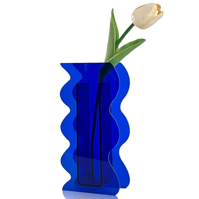 BLOFLO KLEIN BLUE ACRYLIC VASE GEOMETRIC WAVE SHAPED VASES FOR FLOWERS MODERN CONTEMPORARY DECOR FOR HOME OFFICE WEDDING