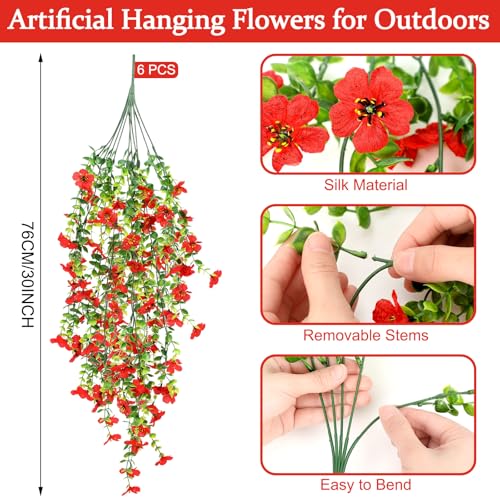 FineCheer 6 Pcs Spring Artificial Hanging Flowers Outdoor Faux Silk Mum Plant Decor Violet with Eucalyptus Realistic UV Resistant Trailing Vine Spring Porch YardRedViolet - Image 3