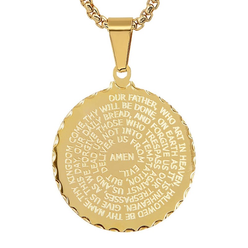 Steeltime 18K Gold Plated Stainless Steel Lords Prayer Round Pendant Necklace (Gold) - Image 1