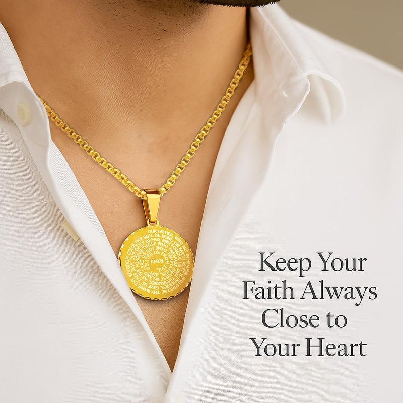 Steeltime 18K Gold Plated Stainless Steel Lords Prayer Round Pendant Necklace (Gold) - Image 5
