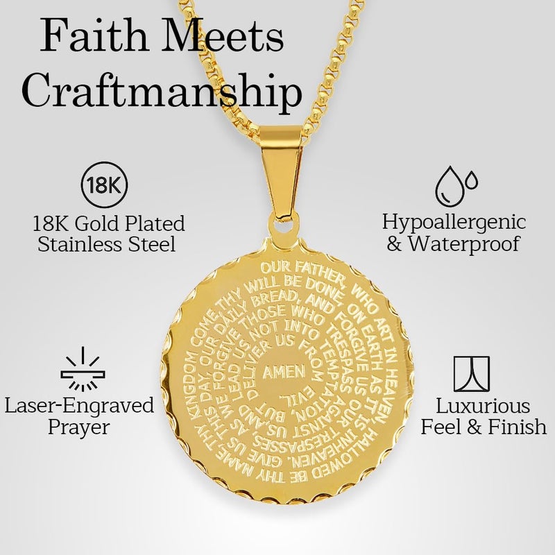 Steeltime 18K Gold Plated Stainless Steel Lords Prayer Round Pendant Necklace (Gold) - Image 2